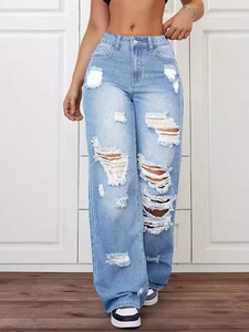 Jean baggy déchiré taille haute pour femme, coupe large, en denim, style streetwear décontracté, mode, OEM, personnalisé, vente en gros - Product Image 4