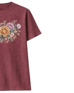 Camiseta Personalizada Color Borgoña con Estampado Floral para Mujer, Algodón Suave, Manga Corta, Estilo Casual de Verano, Corte Holgado, Top Gráfico para Uso Diario - Product Image 4