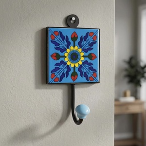Handmade Ceramic Wall Hook with Floral <b>Tile</b> Design Blue Yellow Pattern Vintage Style Multifunction <b>Self</b>-<b>adhesive</b> Single Hook - Product Image 5
