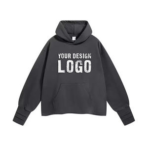 เสื้อฮู้ดดี้ผู้ชายแบบสวมใส่สบาย ทรงโอเวอร์ไซส์ ขอบพับได้ ผลิตตามแบบ OEM  ตกแต่งด้วยรูร้อยเชือกที่แขนเสื้อ สไตล์อเมริกันสตรีท - Product Image 5