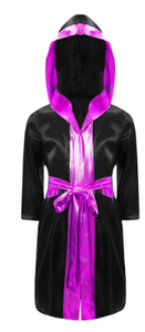 HAWK SPORTS INDUSTRIES Robe de boxe à capuche pour enfant en satin polyester noir avec bordure dorée, tenue d'entraînement durable pour MMA et Muay Thai - Product Image 3