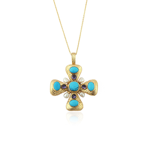 Nouveau collier tendance en métal texturé plaqué or avec pendentif croix de Jésus, orné de breloques en perles, turquoise bleue et zircon cubique violet. - Product Image 1