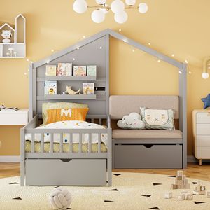 Letto a forma di casa grigio per bambini, con divano imbottito, stazione di ricarica wireless e due cassetti - Product Image 2