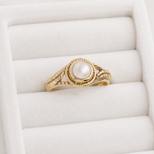 Natural Pearl Ring in <b>Gold</b> Finish Vintage Bezel <b>Set</b> Statement Ring Elegant Handmade Jewelry for Women Gift - Product Image 4