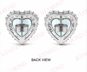 Elegant heart shaped blue diamond <b>stud</b> earrings with halo of round and baguette white diamonds in luxurious 18K white gold desig - Product Image 2