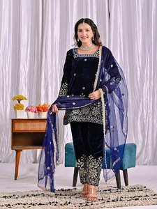 Women's Navy Blue Velvet Salwar Kameez Silver Embroidery Traditional Indian Pakistani Wedding Party Wear Quick Dry Regular Fit - Product Image 3