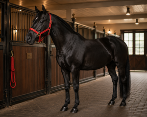 Harnais de cheval de style australien en nylon rouge avec boucles et anneaux dorés, ajustement réglable pour utilisation en écurie - Product Image 1