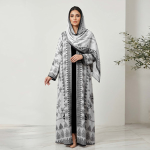 Wholesale Weightless Open Abaya Matching Hijab Floral <b>Print</b> Modest <b>Islamic</b> Clothing Women Dubai Fashion - Product Image 2