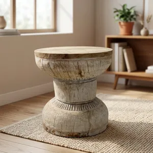 Vintage Handcrafted Wooden Ukhali Stool Round Coffee <b>Side</b> <b>Table</b> <b>Rustic</b> Indian Furniture Vase Lamp Stand Farmhouse Home Furniture - Product Image 6