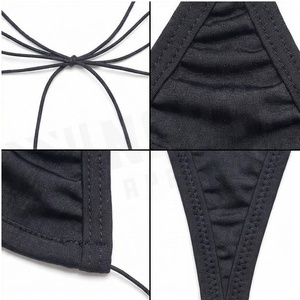 Women Black Halter <b>Bikini</b> <b>Set</b> With Tie Side Bottoms And Drawstring Detail Regular Fit Solid Color Swimwear - Product Image 4