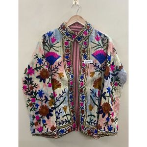 Handmade 100% Cotton kantha Embroidered Jacket for <b>Women</b> one-of-kind Full Sleeve Floral Pattern Spring Bohemian Style <b>Coat</b> - Product Image 2