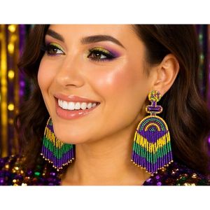 Rizir Fashion Mardi Gras Imitation Pearl <b>Beaded</b> Embroidery Handmade Fringe Statement Dangle Earrings Purple Green Gold Party - Product Image 4