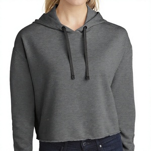 <b>Women's</b> Black Hooded <b>Sweatshirt</b> Solid Color Long Sleeve Cropped Pullover Knitted Cotton Autumn Wear - Product Image 5