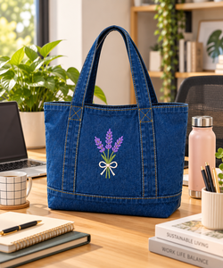 Bolso Tote de Mezclilla con Bordado de Lavanda, Forro de Lona, Abertura Superior, para Playa, Viajes y Compras Diarias - Product Image 6