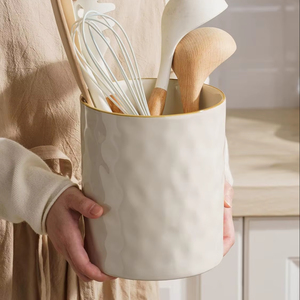 Glazed Porcelain Utensil <b>Holder</b> Set <b>Hammered</b> Texture Finish High Strength Heat Resistant Kitchen Counter Storage Organizer - Product Image 2
