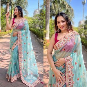 White Color Georgette <b>Silk</b> Saree with Sequence & <b>Threads</b> Embroidery Work, Cut Work Border, Wedding Wear Saree, Party Wear Saree. - Product Image 3