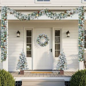 Pre-Lit 4 Piece Holiday Christmas Set Warm White LED <b>Lights</b> Set of 2 Entrance <b>Trees</b> with Wreath and Garland - Product Image 2