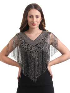 Capa con Cuentas y Flecos, Chaqueta Bolero con Cuello de Lentejuelas Plateadas y Doradas, Poliéster, Disponible en Stock - Product Image 4