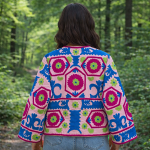 Pink Blue Geometric Embroidered Velvet Bomber <b>Jacket</b> V-Neck Full Sleeve Spring Women's Coat Handmade Pattern Design Eco-Friendly - Product Image 2