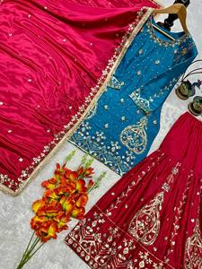 Ensemble de vêtements indiens/pakistanais TENNECY pour mariage, comprenant un haut brodé fantaisie et un dupatta, avec un pantalon palazzo extensible et réversible, idéal pour les occasions spéciales. - Product Image 4