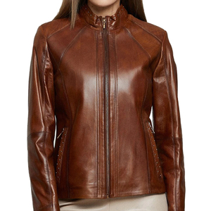 Chaqueta de Cuero Genuino con Cuello Alto de Lana Clásica para Mujer, Otoño Invierno, Logotipo Personalizado, Superventas - Product Image 3