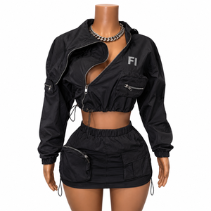 Ensemble 2 pièces coupe-vent en nylon avec fermeture éclair, haut à manches longues et mini-jupe, imperméable, pour hommes - Product Image 4