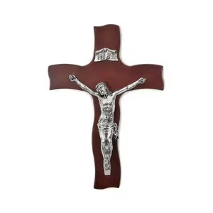 Traditional Metal Wall Hanging Crucifix with Silver Jesus Figure and Dark Red Cross Indoor Decor for Living Room Church Use - Product Image 1