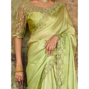 Awesome Green Embroidered <b>Satin</b> Festival Wear Saree with <b>Blouse</b> for Parties - Product Image 3