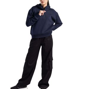 Sweat-shirt à capuche semi-zippé bleu marine pour femme, personnalisable OEM/ODM, vente en gros, haut décontracté en polaire pour l'hiver - Product Image 5