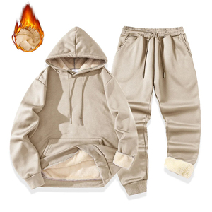 Ensemble de survêtement d'hiver pour homme, 2 pièces, imprimé, doublure polaire, sweat-shirt à capuche avec cordon de serrage, pantalon de jogging, couleur unie, manches longues - Product Image 4