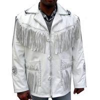 Manteau en cuir blanc à franges pour homme, veste décorative à jugulaire et pompons, style western, festival, mode campagnarde, orné de perles, en daim de vache original