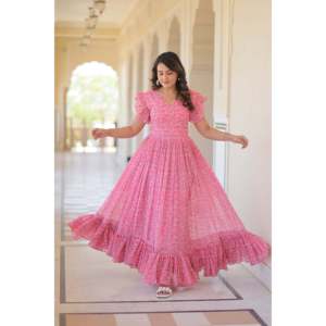 Faux Georgette Floral Print Flared Evening Gown - Product Image 1