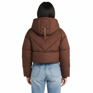 Doudoune matelassée pour femme en polyester garnie de duvet, avec garniture en peau de mouton, à rayures, fentes latérales, ourlet élastique, design puffer, manteau d'hiver à capuche - Product Image 3