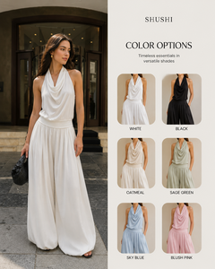 Combinaison ample en coton blanc uni pour femme, col halter sans manches avec pantalon large – Vente en gros - Product Image 2