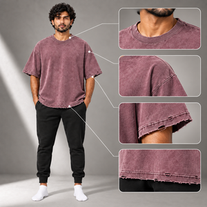 Maßgefertigtes Schwergewichtiges Baumwoll-T-Shirt für Herren Übergroß Gewaschen Distressed Saum Drop-Shoulder Rundhals Entspannter Streetwear-Schnitt Täglicher Stil - Product Image 6