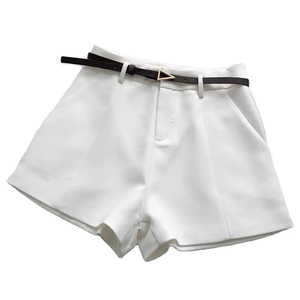 Shorts de Cintura Alta para Mujer, Color Sólido, con Cinturón, Estilo Minimalista, Corte Regular, Tejido de Tela - Product Image 2