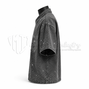 Camisa de mezclilla negra de manga corta con cremallera completa y gráfico de diamantes de imitación para hombre, estilo streetwear, fabricante OEM de marca privada - Product Image 4