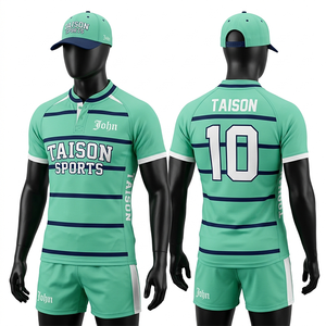 Uniforme de Rugby para Hombre, 220 GSM, Poliéster y Spandex, Tela Transpirable, Verde Menta, Paneles con Rayas Azul Marino, Sublimación, Logotipo Personalizado - Product Image 1