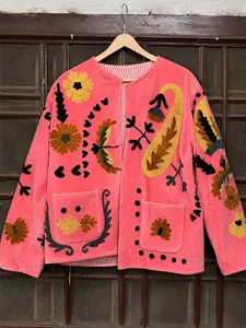 Vintage Pink <b>Velvet</b> Embroidered Floral Suzani <b>Jacket</b> With Handmade Pattern Boho Full Sleeve O-Neck <b>Women's</b> Autumn Outerwear - Product Image 4