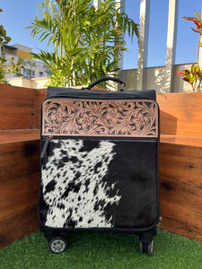 Sac à roulettes de voyage en cuir repoussé pour cheveux unisexe sur bagage à main floral en cuir de vache véritable valise à roulettes de luxe durable - Product Image 4