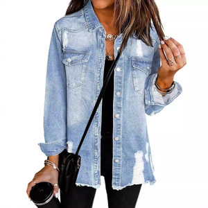 Gabardina Larga de Mezclilla Azul para Mujer, Chaqueta Cruzada con Cuello de Solapa y Cinturón - Product Image 3