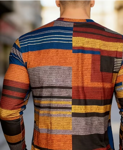 Men <b>Patchwork</b> Long Sleeve Knitted Casual <b>Shirt</b> V-Neck Full Sleeve Autumn Wear Multi Color Patterned Top - Product Image 2