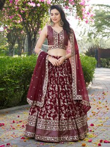 Burgundy Embroidered <b>Lehenga</b> Set Wedding Dress Two Piece Floral Border Dupatta Banarasi Style Bride Outfit - Product Image 1
