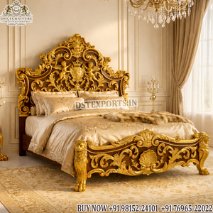 Cama Queen Maharani Palace para Villas de Lujo, Exclusivo Juego de Cama Estilo Victoriano con Trono Dorado, Muebles de Dormitorio de Madera de Teca Premium, Reino Unido - Product Image 2