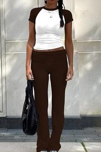 Pantalon de survêtement taille haute à jambes larges et haut court de yoga à manches courtes pour femme, ensemble de sport uni avec taille élastique - Product Image 6