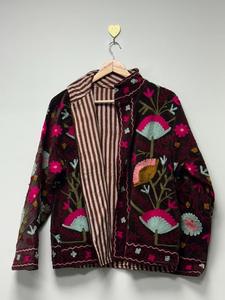 Handmade Brown <b>Velvet</b> Suzani Embroidered <b>Jacket</b> with Floral Pattern Full Sleeve Stand Collar Bohemian <b>Women's</b> Autumn Outerwear - Product Image 3
