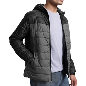 Men's Black Hooded Puffer <b>Jacket</b> Zipper Closure Windproof Polyester Casual Coat Regular Fit Solid Color Autumn Wear - Product Image 3