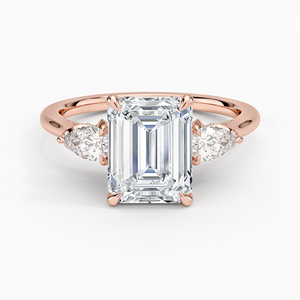 Bague de fiançailles en or 14K/18K avec trois diamants de laboratoire taille émeraude, accentués par des pierres rondes et en forme de poire, pour femme, bijoux de luxe pour mariage - Product Image 4