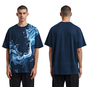 Nueva Llegada: Camiseta Gráfica Oversize Premium para Hombre, Color Azul Marino con Lavado Ácido, Algodón Pesado, Estilo Casual con Hombros Caídos - Product Image 1