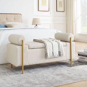 Elegante Panca Contenitore in Lino Beige con Gambe in Ferro e Braccioli Cilindrici Imbottiti per Ingresso, Soggiorno, Camera da Letto - Product Image 1